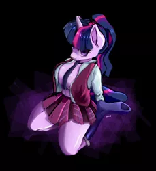 Size: 1170x1280 | Tagged: absolute cleavage, anthro, artist:goshhhh, big breasts, breasts, busty twilight sparkle, cleavage, clothes, crystal prep academy uniform, derpibooru import, female, kneeling, looking at you, necktie, open clothes, open shirt, pleated skirt, ponytail, school uniform, skirt, socks, solo, solo female, suggestive, twilight sparkle, unguligrade anthro