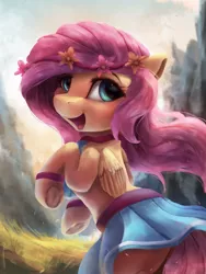 Size: 2250x3000 | Tagged: safe, artist:vanillaghosties, derpibooru import, fluttershy, pegasus, pony, bracelet, clothes, cloud, cute, female, floral head wreath, flower, flower in hair, grass, jewelry, looking at you, looking back, looking back at you, mare, mountain, open mouth, shyabetes, skirt, skirt lift, sky, smiling, solo, underhoof, wings