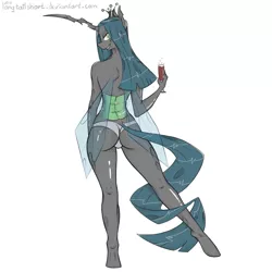 Size: 1024x1024 | Tagged: anthro, artist:longtailshort, ass, bugbutt, changeling, changeling queen, clothes, colored sketch, derpibooru import, female, glass, gray underwear, looking back, panties, queen chrysalis, sexy, simple background, smiling, solo, solo female, stupid sexy chrysalis, suggestive, underwear, unguligrade anthro, white background, wine glass