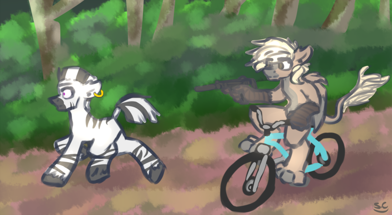 Size: 3495x1918 | Tagged: artist:somecunt, bicycle, derpibooru import, drive-by, duo, forest, hickok45, meme, oc, oc:silah, safe, zebra, zebra oc