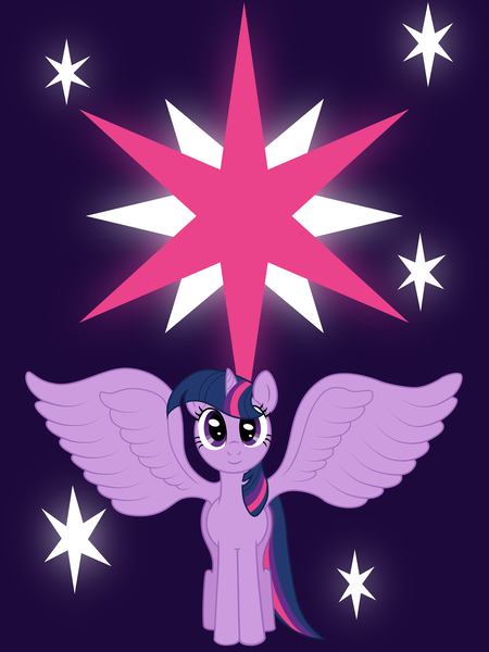 Size: 3780x5040 | Tagged: safe, artist:mfg637, derpibooru import, twilight sparkle, twilight sparkle (alicorn), alicorn, pony, cutie mark, cutie mark background, large wings, looking at you, purple background, simple background, solo, spread wings, stars, vector, wings