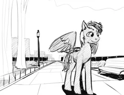 Size: 1280x990 | Tagged: safe, artist:warskunk, derpibooru import, oc, oc:gear, unofficial characters only, pegasus, pony, grayscale, looking sideways, male, monochrome, park, raffle prize, request, sketch, solo, spread wings, stallion, wings