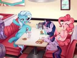 Size: 1860x1400 | Tagged: safe, artist:lucy-tan, derpibooru import, pinkie pie, trixie, twilight sparkle, twilight sparkle (alicorn), alicorn, earth pony, pony, unicorn, booth, burger, cape, clothes, coffee, commission, cookie, drink, eating, eyes closed, female, food, happy, hat, laughing, mare, muffin, open mouth, restaurant, salt, salt shaker, sitting, smiling, trixie's cape, trixie's hat