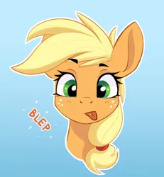 Size: 900x973 | Tagged: safe, artist:pony-butt-express, derpibooru import, applejack, pony, :p, blue background, cute, freckles, jackabetes, looking at you, silly, silly pony, simple background, solo, tongue out, who's a silly pony