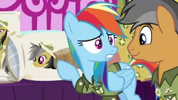 Size: 1280x720 | Tagged: safe, derpibooru import, screencap, daring do, quibble pants, rainbow dash, pegasus, pony, stranger than fan fiction, body pillow, daring daki, discovery family logo, female, male, mare, stallion, you know for kids