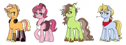 Size: 2240x800 | Tagged: safe, artist:pikokko, derpibooru import, oc, oc:cherry pie, oc:coulee, oc:golden candy, oc:party cannon, unofficial characters only, earth pony, pony, unicorn, blank flank, clothes, female, freckles, headphones, maid, male, mare, messy mane, mud, neckerchief, offspring, offspring's offspring, parent:oc:cotton candy, parent:oc:golden delicious, parents:oc x oc, shoes, simple background, stallion, straw in mouth, white background