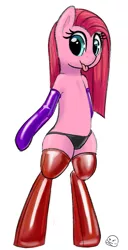 Size: 525x1024 | Tagged: suggestive, artist:angryburger, derpibooru import, pinkie pie, earth pony, semi-anthro, bipedal, clothes, evening gloves, gloves, image, latex, latex gloves, latex socks, long gloves, panties, pinkamena diane pie, png, simple background, socks, thigh highs, thong, tongue out, underwear, white background