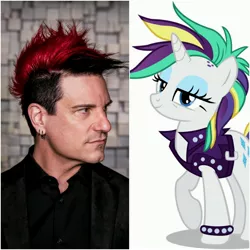 Size: 3988x3988 | Tagged: safe, derpibooru import, rarity, human, pony, unicorn, alternate hairstyle, celldweller, clothes, comparison, irl, irl human, jacket, klayton celldweller, leather jacket, lidded eyes, mohawk, photo, punk, raripunk, vector