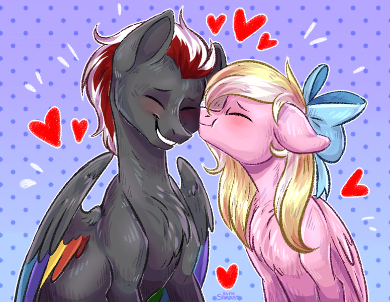 Size: 1100x850 | Tagged: safe, artist:pur-fox stardust, derpibooru import, oc, oc:bay breeze, oc:mahx, pegasus, pony, abstract background, bahx, blushing, bow, chest fluff, couple, cute, eyes closed, female, hair bow, heart, male, nuzzling, straight