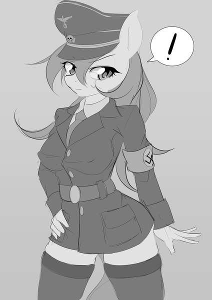 Size: 2526x3573 | Tagged: anthro, artist:aryanne, black and white, boots, clothes, derpibooru import, dress, exclamation point, female, gray background, grayscale, hand on hip, hat, looking at you, monochrome, nazi, nazi armband, nazi uniform, oc, oc:aryanne, pictogram, safe, shoes, simple background, socks, solo, swastika, thigh boots, thigh highs, uniform, unofficial characters only