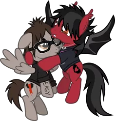 Size: 1619x1712 | Tagged: safe, artist:lightningbolt, derpibooru import, ponified, bat pony, pegasus, pony, .svg available, bat wings, body writing, clandestine industries, clothes, duo, ear fluff, emo, fall out boy, fangs, floppy ears, flying, glasses, hair over one eye, happy, hoodie, hug, jewelry, lidded eyes, long tail, looking at each other, looking up, male, messy tail, mikey way, my chemical romance, necklace, pete wentz, shirt, shy, simple background, slit eyes, smiling, spread wings, stallion, svg, t-shirt, tattoo, touching, transparent background, vector, wings
