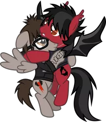 Size: 1473x1706 | Tagged: safe, artist:lightningbolt, derpibooru import, ponified, bat pony, pegasus, pony, .svg available, bat wings, blush sticker, blushing, body writing, clandestine industries, clothes, ear fluff, embarrassed, emo, fall out boy, fangs, floppy ears, flying, gay, glasses, hair over one eye, happy, hoodie, hug, jewelry, lidded eyes, long tail, looking at each other, looking up, male, messy tail, mikey way, my chemical romance, neck hug, necklace, pete wentz, shipping, shirt, shy, simple background, slit eyes, smiling, spread wings, stallion, svg, t-shirt, tattoo, transparent background, vector, vulgar, wings