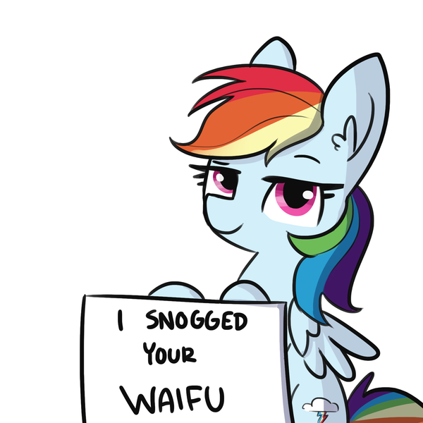 Size: 1650x1650 | Tagged: safe, artist:tjpones, derpibooru import, rainbow dash, pegasus, pony, ear fluff, female, implied lesbian, lidded eyes, looking at you, mare, pony shaming, pure unfiltered evil, shaming, sign, simple background, smug, solo, text, waifu, white background, wings