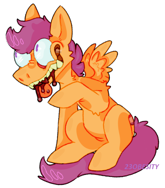 Size: 838x955 | Tagged: artist:pony-puke, blood, derpibooru import, scootaloo, semi-grimdark, sharp teeth, simple background, teeth, transparent background