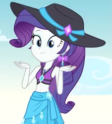 Size: 727x803 | Tagged: safe, derpibooru import, screencap, rarity, equestria girls, equestria girls series, lost and found, belly button, clothes, cropped, cute, ear piercing, earring, female, geode of shielding, hat, jewelry, midriff, piercing, raribetes, sarong, solo, sun hat, swimsuit