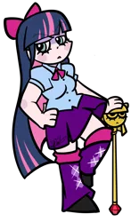 Size: 1024x1745 | Tagged: safe, artist:befishproductions, derpibooru import, twilight sparkle, human, equestria girls, anarchy stocking, anime, clothes, costume, crossover, hair ribbon, panty and stocking with garterbelt, scepter, simple background, solo, transparent background, twilight scepter