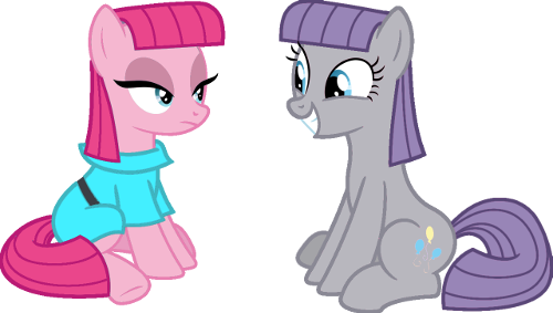 Size: 500x283 | Tagged: safe, color edit, derpibooru import, edit, maud pie, pinkie pie, earth pony, pony, rock solid friendship, alternate hairstyle, behaving like maud pie, colored, duo, female, grin, mare, maudie pie, palette swap, pie sisters, pinkamena diane pie, recolor, role reversal, siblings, simple background, sisters, skin color edit, smiling, transparent background, vector