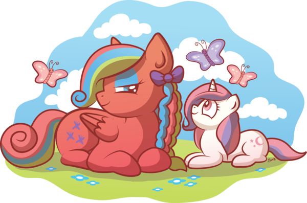 Size: 600x397 | Tagged: safe, artist:xkappax, derpibooru import, baby moondancer, flutterbye, butterfly, pegasus, pony, unicorn, braid, female, filly, g1, g1 to g4, generation leap, mare, simple background, transparent background