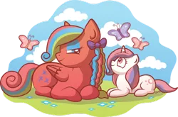 Size: 600x397 | Tagged: safe, artist:xkappax, derpibooru import, baby moondancer, flutterbye, butterfly, pegasus, pony, unicorn, braid, female, filly, g1, g1 to g4, generation leap, mare, simple background, transparent background