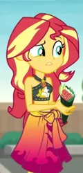 Size: 447x930 | Tagged: safe, derpibooru import, screencap, sunset shimmer, equestria girls, equestria girls series, x marks the spot, bikini, clothes, cropped, food, midriff, sarong, sushi, swimsuit