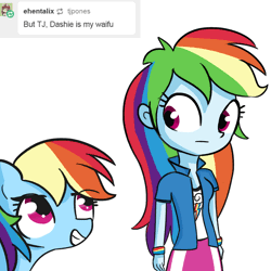 Size: 1650x1650 | Tagged: safe, artist:tjpones, derpibooru import, rainbow dash, pony, equestria girls, animated, ask, clothes, eyebrow wiggle, female, gif, human ponidox, imminent selfcest, implied lesbian, implied selfcest, implied shipping, looking at each other, looking back, mare, self ponidox, shirt, simple background, tumblr, white background