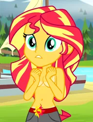 Size: 720x942 | Tagged: suggestive, derpibooru import, edit, edited edit, sunset shimmer, equestria girls, legend of everfree, belly button, breasts, cleavage, clothes, covering breasts, implied nudity, nude edit, nudity, partial nudity, stupid sexy sunset shimmer, tan lines, topless, topless edit