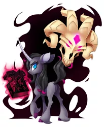 Size: 2288x2793 | Tagged: safe, artist:centchi, derpibooru import, fhtng th§ ¿nsp§kbl, oleander (tfh), classical unicorn, demon, unicorn, them's fightin' herds, black magic, book, cloven hooves, community related, curved horn, featureless crotch, female, glowing eyes, horn, leonine tail, lidded eyes, looking back, magic, male, mare, simple background, skull, smiling, telekinesis, unicornomicon, unshorn fetlocks, watermark, white background