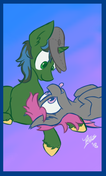 Size: 525x867 | Tagged: safe, artist:irdes, derpibooru import, oc, oc:fruitful melody, oc:rc, unofficial characters only, bat pony, pony, unicorn, :p, bat pony oc, couple, frc, looking at each other, shipping, silly, tongue out