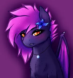 Size: 1541x1649 | Tagged: safe, artist:aaa-its-spook, artist:spook, derpibooru import, oc, oc:spook, unofficial characters only, bat pony, accessories, blushing, chest fluff, eyeliner, eyeshadow, fangs, female, freckles, jewelry, lipstick, looking at you, makeup, necklace, orange eyes, poison joke, purple mane, sitting, solo, wings