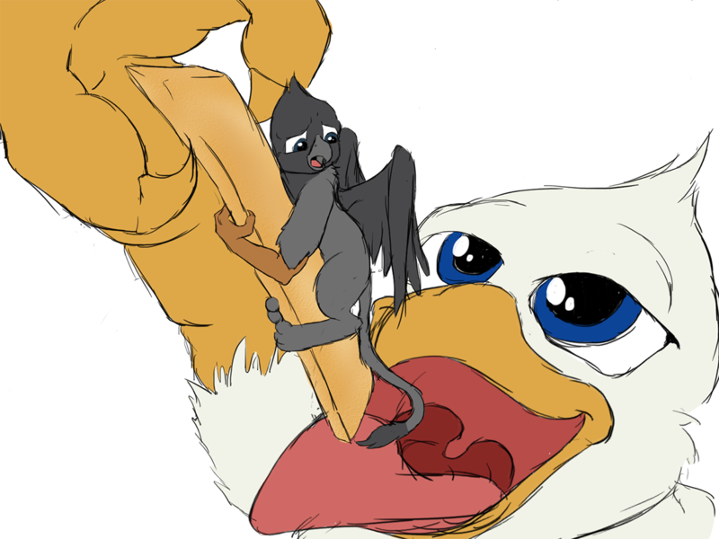 Size: 1234x926 | Tagged: suggestive, artist:silent-e, artist:tinibirb, color edit, derpibooru import, edit, oc, oc:der, oc:vax, unofficial characters only, gryphon, colored, duo, fetish, food, french fries, imminent vore, male, micro, simple background, sketch