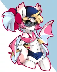 Size: 550x697 | Tagged: safe, artist:snow angel, derpibooru import, oc, oc:candy cream, unofficial characters only, anthro, bat pony, semi-anthro, arm hooves, belly button, bubblegum, clothes, ear fluff, food, gum, hat, heart eyes, midriff, open fly, shorts, solo, sunglasses, watermark, wingding eyes