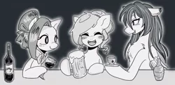 Size: 1199x583 | Tagged: alcohol, artist:bbtasu, derpibooru import, drinking, female, hoof hold, mare, monochrome, oc, oc:nel drip, oc:shidare sakura, outline, safe, simple background, smiling, unofficial characters only