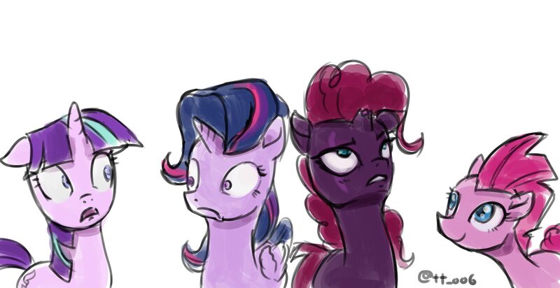 Size: 2039x1050 | Tagged: safe, artist:oberon826, derpibooru import, pinkie pie, starlight glimmer, tempest shadow, twilight sparkle, twilight sparkle (alicorn), alicorn, earth pony, pony, unicorn, my little pony: the movie, alternate hairstyle, broken horn, female, mane swap, mare, simple background, white background