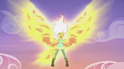 Size: 1024x576 | Tagged: safe, derpibooru import, edit, edited screencap, screencap, sunset shimmer, equestria girls, my past is not today, 1000 years in photoshop, dragon ball super, fiery shimmer, sunset phoenix, super saiyan, white hair, wings