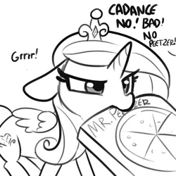 Size: 1650x1650 | Tagged: safe, artist:tjpones, derpibooru import, princess cadance, alicorn, pony, behaving like a dog, cute, cutedance, dialogue, female, floppy ears, frown, glare, grayscale, growling, majestic as fuck, mare, monochrome, mouth hold, nom, offscreen character, peetzer, pizza box, simple background, sketch, solo, that pony sure does love pizza, white background