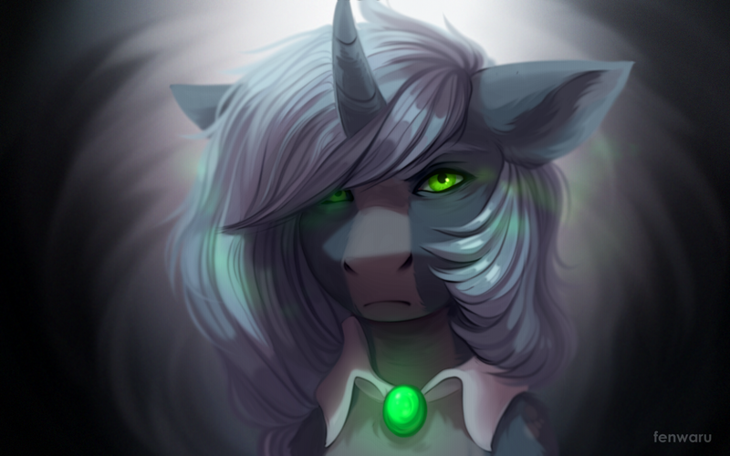 Size: 1600x1000 | Tagged: safe, artist:fenwaru, derpibooru import, oc, oc:maurits cornelis escher, unofficial characters only, pony, unicorn, backlighting, brooch, clothes, curved horn, gem, glowing eyes, horn, male, simple background, solo, stallion