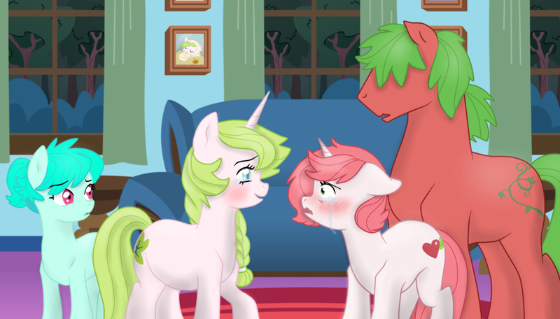 Size: 1024x584 | Tagged: safe, artist:fallingrain22, artist:kianamai, derpibooru import, oc, oc:anthea, oc:azalea, oc:berry vine, oc:mint leaf, unofficial characters only, earth pony, pony, unicorn, fanfic, fanfic:helpless, kilalaverse, adopted offspring, baby, baby pony, blue hair, carpets, covered eyes, crying, cutie mark, family, fanfic art, father and daughter, female, furniture, green hair, male, mare, mother and daughter, next generation, paintings, parent:fluttershy, parent:oc:azalea, parent:oc:berry vine, parents:oc x oc, pencil drawing, pregnant, sisters, stallion, traditional art, tree, window