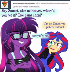 Size: 879x908 | Tagged: safe, artist:wubcakeva, derpibooru import, sci-twi, sunset shimmer, twilight sparkle, equestria girls, angry, causal midnight sparkle, crossed arms, heterochromia, midnight sparkle, painset shimmercakes, tumblr, vulgar