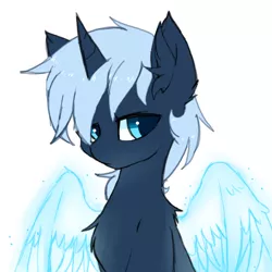 Size: 1500x1500 | Tagged: safe, artist:heddopen, derpibooru import, oc, oc:wintry, unofficial characters only, pony, unicorn, artificial wings, augmented, chest fluff, ear fluff, magic, magic wings, male, simple background, white background, wings