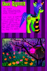 Size: 600x900 | Tagged: artist:chalnsaw, candy, candy corn, derpibooru import, food, forest, house, oc, oc:eve spook, psychedelic, pumpkin, reference sheet, safe, solo, surreal, tree, unofficial characters only