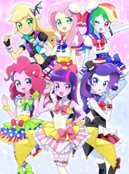 Size: 1075x1450 | Tagged: safe, artist:ryuu, derpibooru import, applejack, fluttershy, pinkie pie, rainbow dash, rarity, twilight sparkle, equestria girls, anime, belly button, cute, dashabetes, diapinkes, dorothy west, idol, idolmaster, jackabetes, laala manaka, mane six, midriff, mired minami, moe, pripara, rainbow dash always dresses in style, raribetes, shion todo, shyabetes, sophie hojo, twiabetes