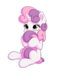 Size: 1100x1400 | Tagged: safe, artist:bobdude0, artist:vanillaghosties, derpibooru import, sweetie belle, pony, unicorn, bashful, blank flank, collaboration, cute, diasweetes, female, filly, hnnng, holding tail, horn, hug, missing cutie mark, outline, simple background, sitting, solo, sweet dreams fuel, tail hug, transparent background, weapons-grade cute