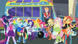 Size: 1920x1080 | Tagged: safe, derpibooru import, screencap, applejack, big macintosh, fluttershy, pinkie pie, rainbow dash, rarity, sci-twi, sunset shimmer, twilight sparkle, eqg summertime shorts, equestria girls, get the show on the road, balloon, bass guitar, boots, bowtie, bracelet, bus, clothes, compression shorts, cowboy boots, cowboy hat, denim skirt, drum kit, drums, drumsticks, electric guitar, eyes closed, female, flying v, geode of empathy, geode of fauna, geode of shielding, geode of sugar bombs, geode of super speed, geode of super strength, geode of telekinesis, glasses, guitar, hat, high heel boots, humane five, humane seven, humane six, it begins, jacket, jewelry, keytar, leather jacket, magical geodes, male, microphone, musical instrument, ponied up, pony ears, pony history, ponytail, rainbow, raised leg, school bus, scitwilicorn, shoes, skirt, socks, sparkles, spoiler, stetson, sun, sunset shredder, the rainbooms, wings, wristband