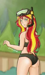 Size: 1412x2322 | Tagged: suggestive, artist:z-y-c, derpibooru import, sunset shimmer, human, equestria girls, equestria girls series, ass, bikini, breasts, bunset shimmer, clothes, female, goggles, humanized, looking at you, looking back, looking back at you, scene interpretation, sexy, solo, solo female, stupid sexy sunset shimmer, summer sunset, swimsuit