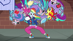 Size: 800x450 | Tagged: safe, derpibooru import, screencap, rainbow dash, eqg summertime shorts, equestria girls, get the show on the road, animated, backbend, backwards ballcap, baseball cap, breakdancing, cap, clothes, converse, cute, dancing, dashabetes, female, flexible, gif, hat, rainbow dash always dresses in style, rapper, rapper dash, sexy, shoes, sneakers, solo