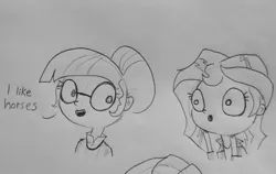 Size: 1749x1102 | Tagged: safe, artist:tjpones, derpibooru import, sci-twi, sunset shimmer, twilight sparkle, equestria girls, clothes, dialogue, female, glasses, grayscale, hair bun, lesbian, lineart, monochrome, open mouth, scitwishimmer, shipping, simple background, sketch, smiling, sunsetsparkle, traditional art