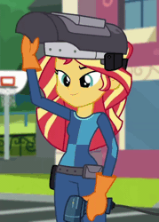 Size: 768x1074 | Tagged: safe, derpibooru import, screencap, sunset shimmer, eqg summertime shorts, equestria girls, get the show on the road, animated, clothes, female, gif, gloves, sunset welder, welding, welding mask