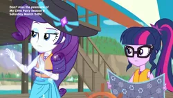 Size: 1920x1080 | Tagged: safe, derpibooru import, screencap, rarity, sci-twi, twilight sparkle, equestria girls, equestria girls series, the salty sails, clothes, duo, geode of shielding, geode of telekinesis, glasses, hat, lifejacket, magical geodes, map, ponytail, sun hat, swimsuit