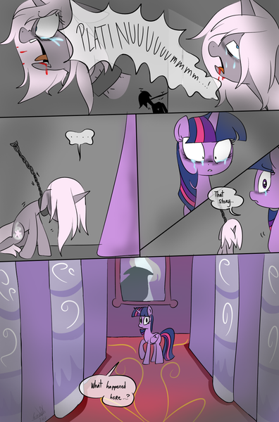 Size: 900x1365 | Tagged: semi-grimdark, artist:emositecc, derpibooru import, twilight sparkle, twilight sparkle (alicorn), oc, oc:nebula, alicorn, pony, unicorn, comic:empty halls, asphyxiation, blood, chains, comic, crying, death, dialogue, duo, female, mare, vision