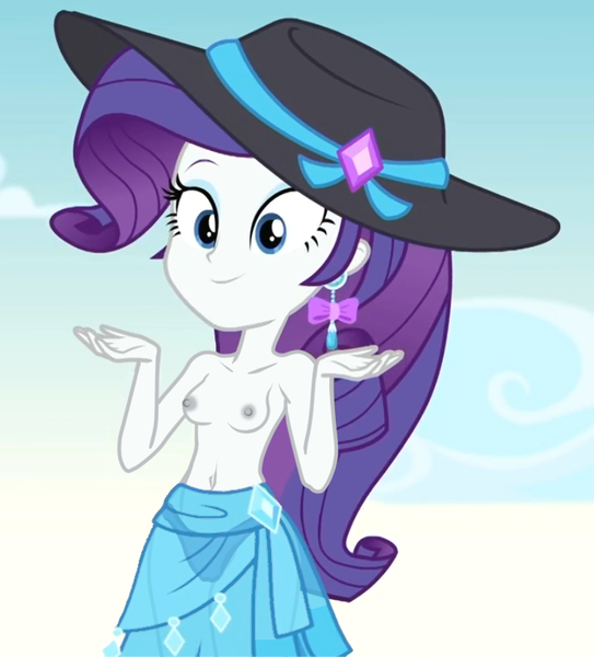 Size: 727x803 | Tagged: questionable, artist:dirty mike, derpibooru import, edit, edited edit, edited screencap, editor:slayerbvc, screencap, rarity, equestria girls, equestria girls series, lost and found, belly button, bikini, bikini bottom, breast edit, breasts, clothes, ear piercing, earring, female, hat, jewelry, nipples, nude edit, nudity, partial nudity, partial nudity edit, piercing, sarong, see-through, solo, solo female, sun hat, swimsuit, topless